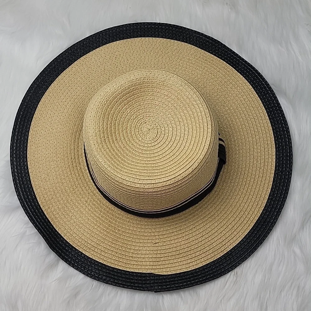 Classic Tan Black Band Trim Summer Vacation Beach Boho Retro Paper‎ Sun Hat OS